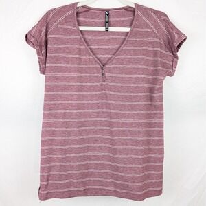 KUHL‎ Lisette SPF 50 Striped VNeck Top XS Maroon White Button Short Sleeve Tee